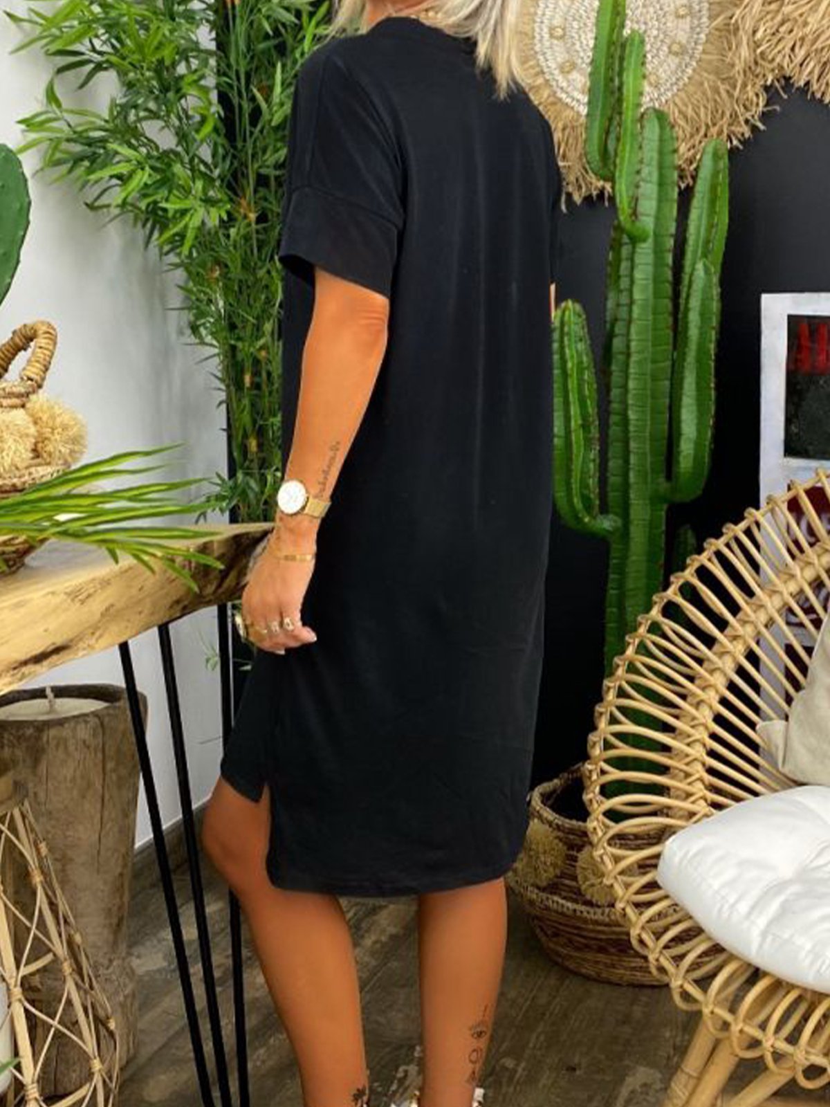 Black Jersey Casual Shift V Neck Dresses