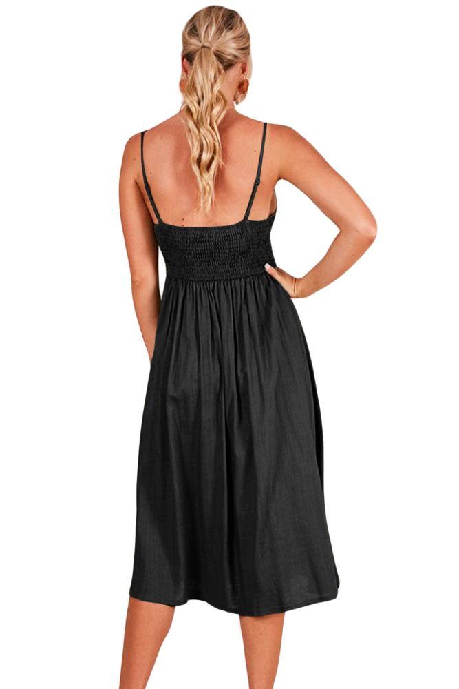 Black Sexy Backless Tie Front Button Skirt Midi Dress