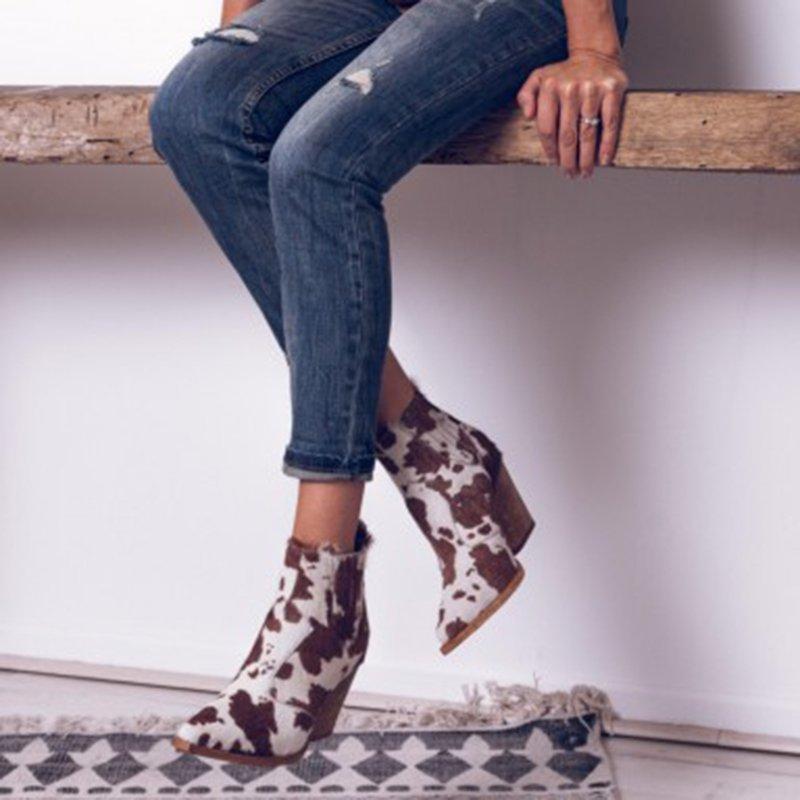 Leopard PU artificial leather chunky heel boots