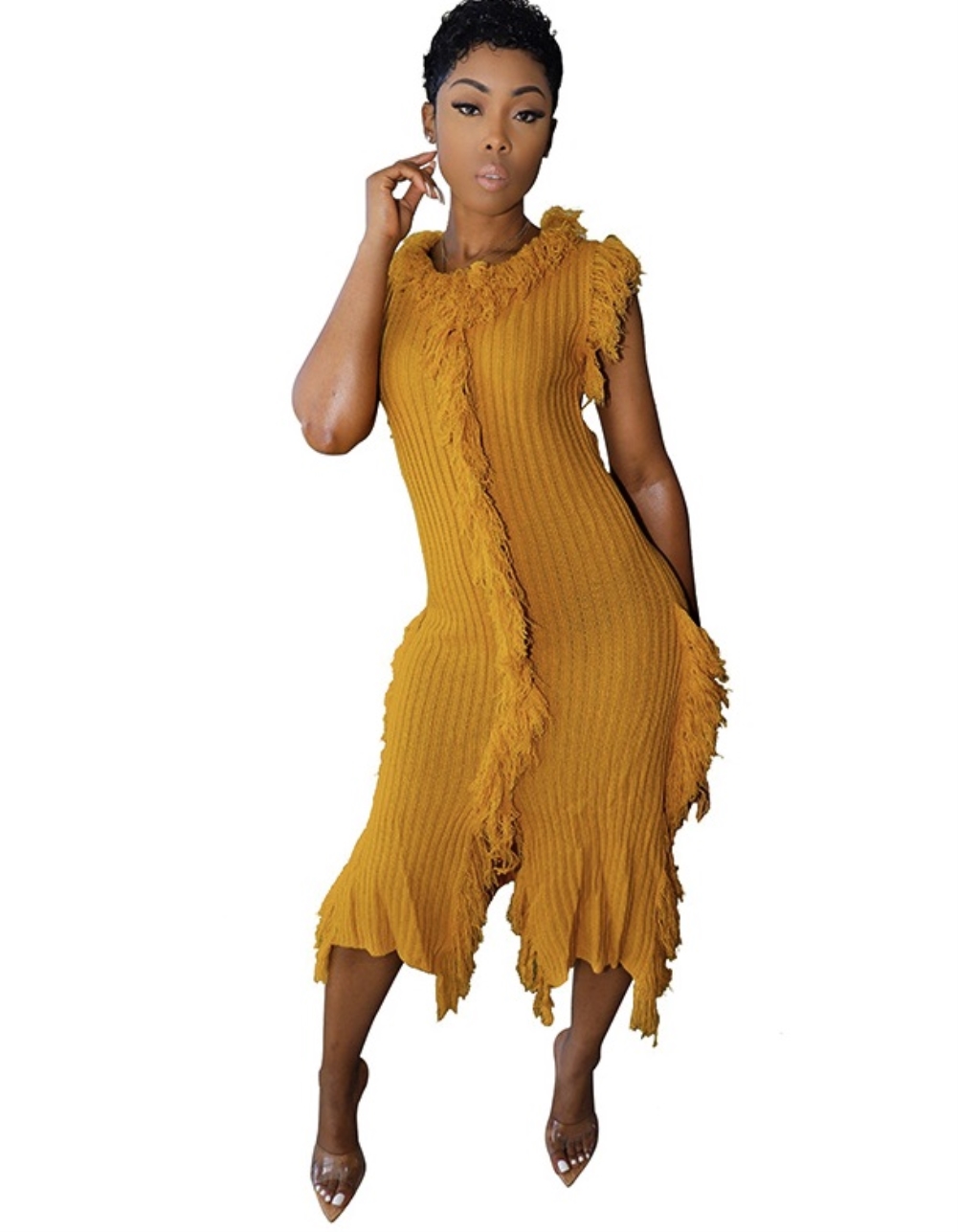 Autumn Knitted Fringe Sleeveless Sweater Dress