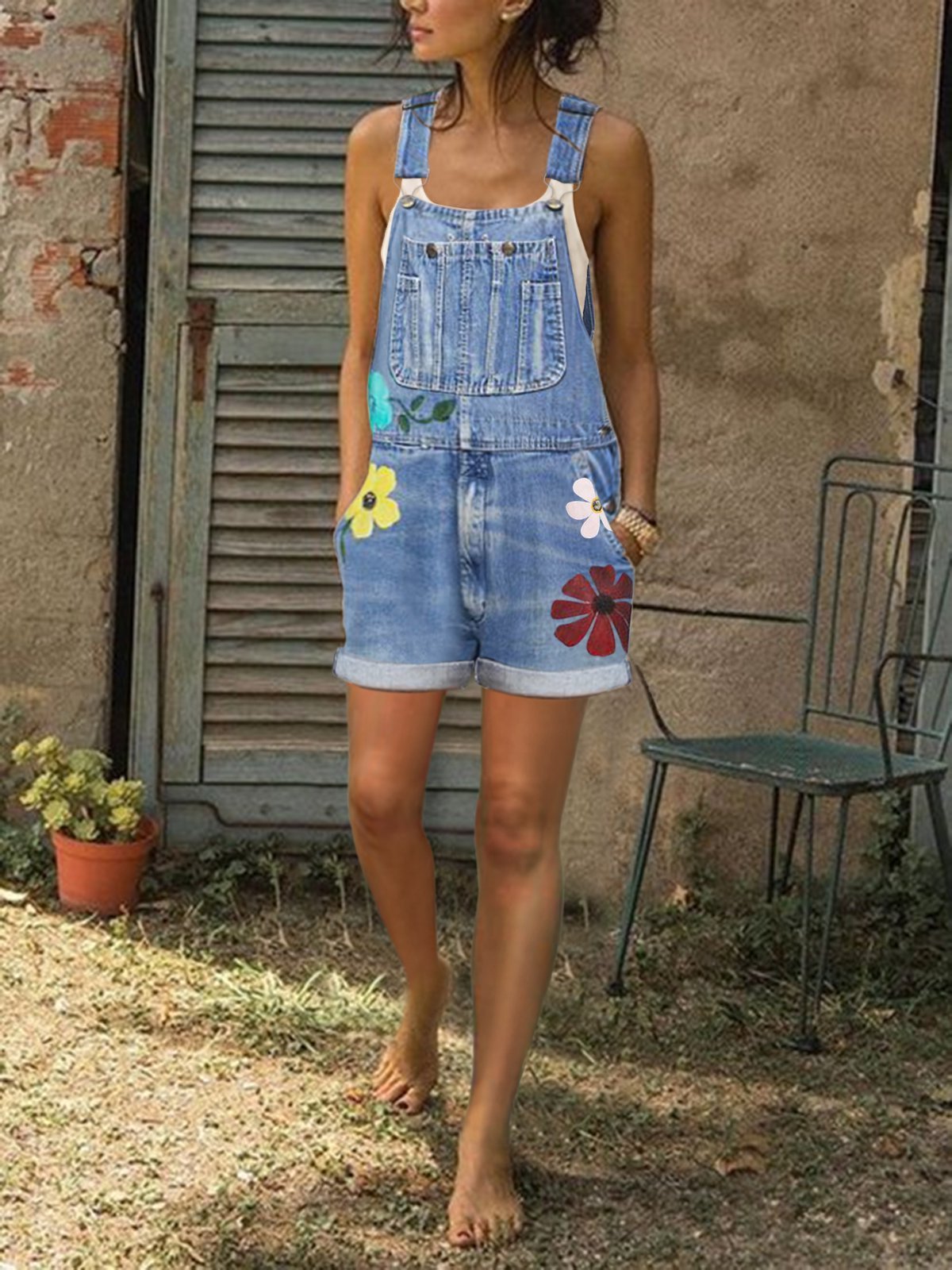 Sleeveless Denim Floral Floral-Print shorts One-Pieces