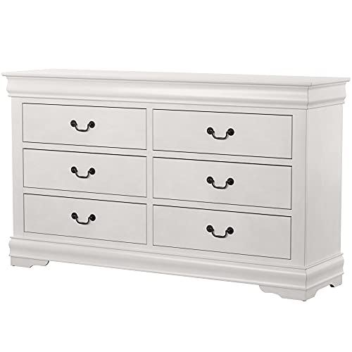 Knocbel Traditional 57in Dresser with 6 Storage Drawers, Metal Handles, Fully Assembled (White)