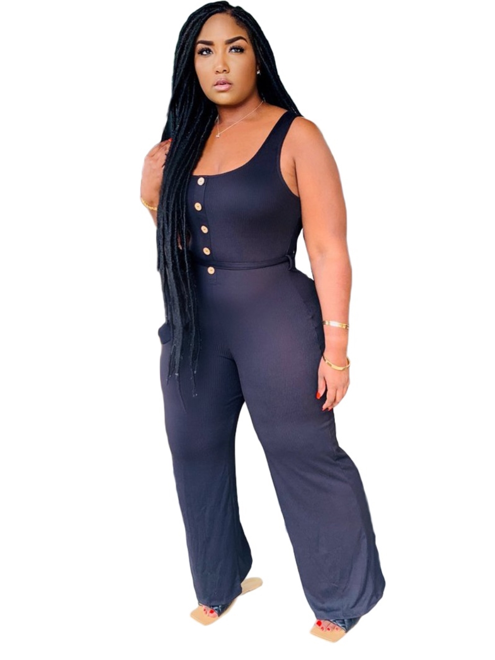 Summer Plain Round Neck Sleeveless Jumpsuit with Belt