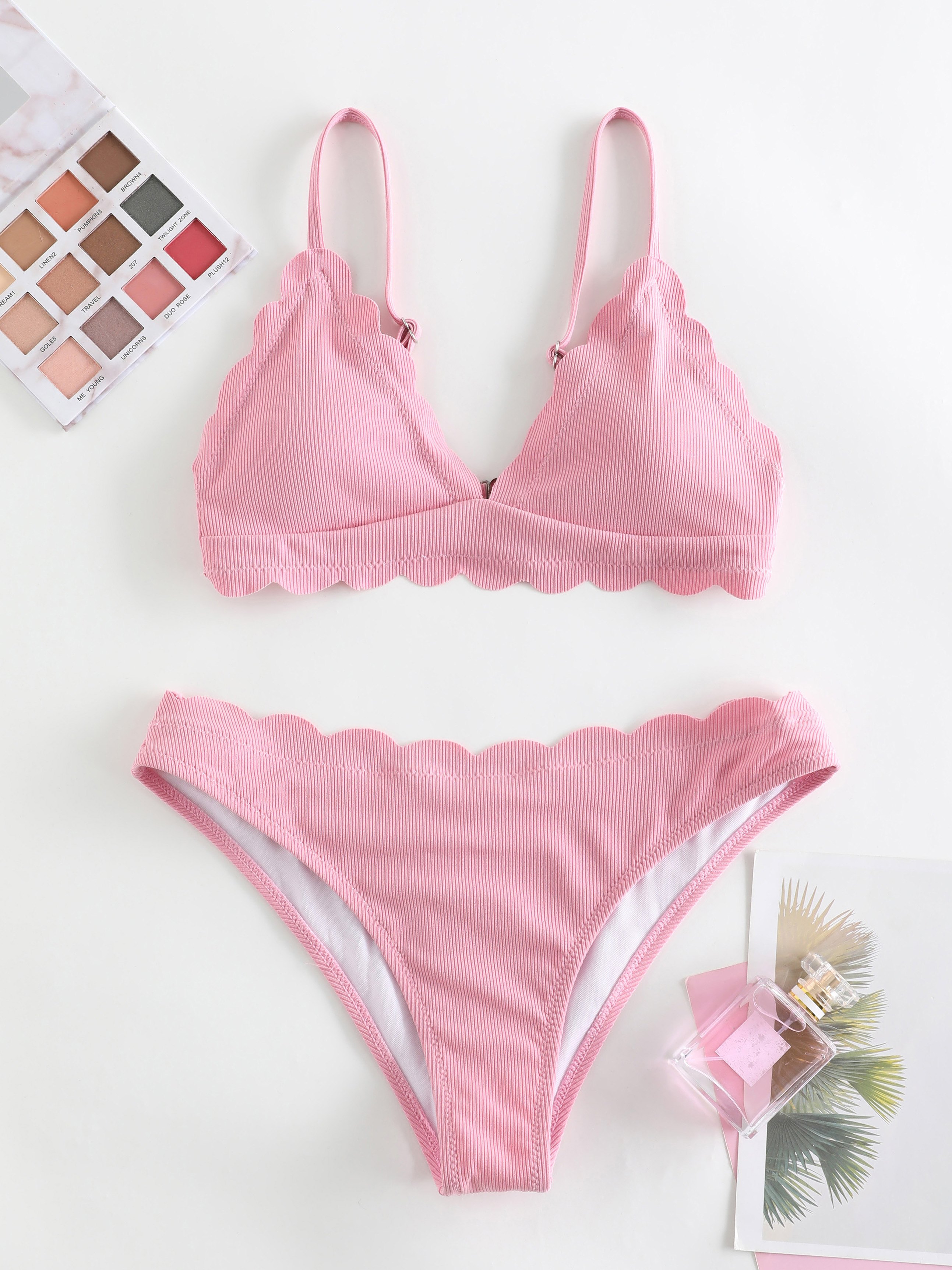 Solid Wavy Hem Spaghetti Straps Bikini