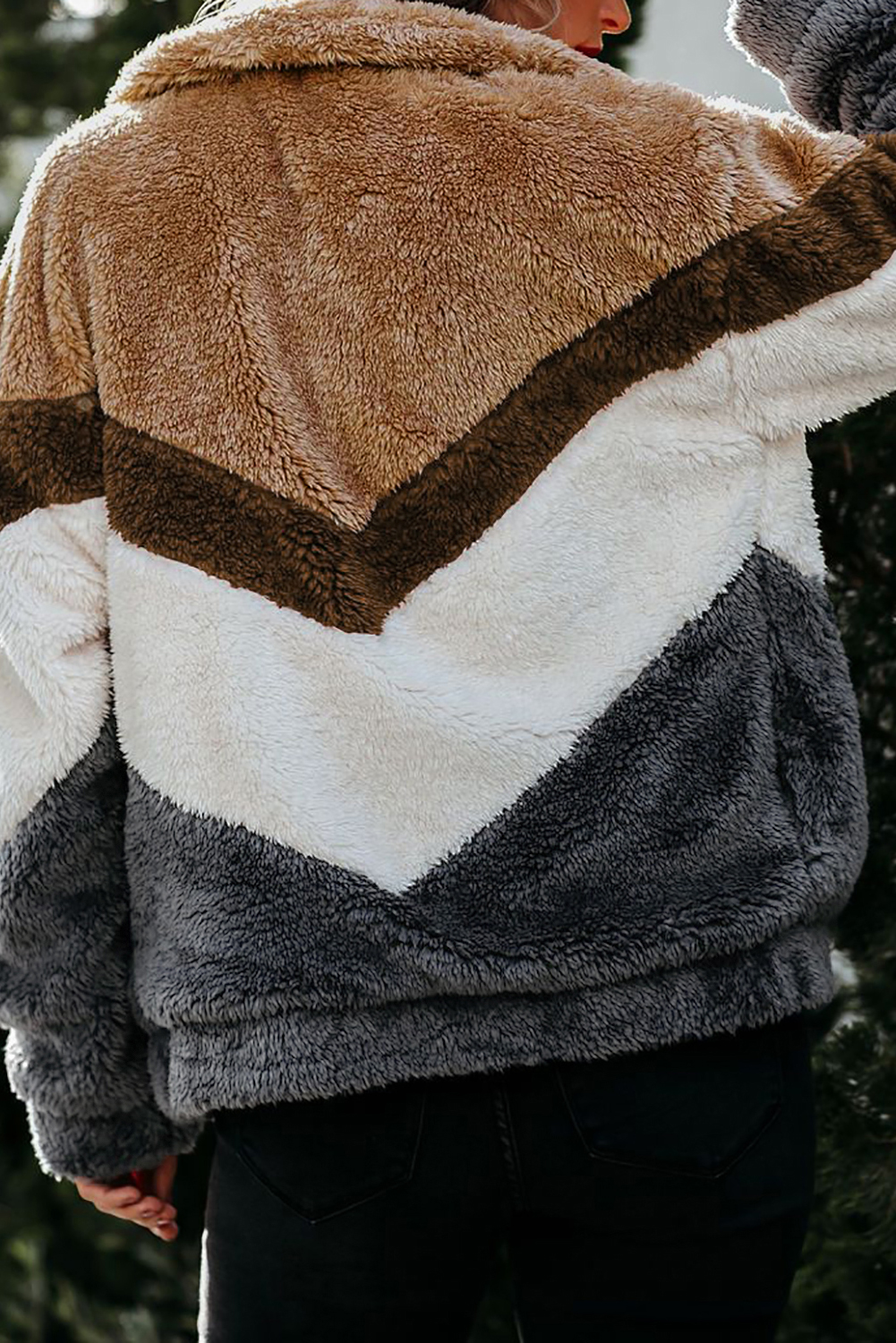 百搭拼色侧袋保暖蓬松毛绒拉链夹克外套