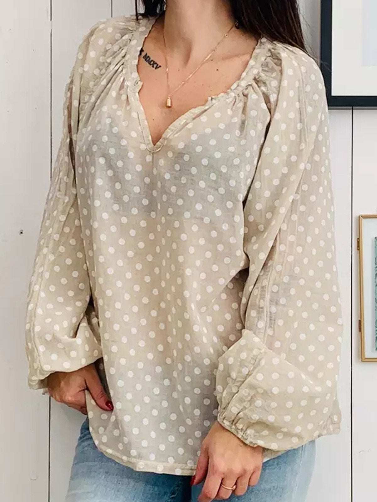 Women Casual Loose Polka Dot Tops Tunic Blouse Shirt