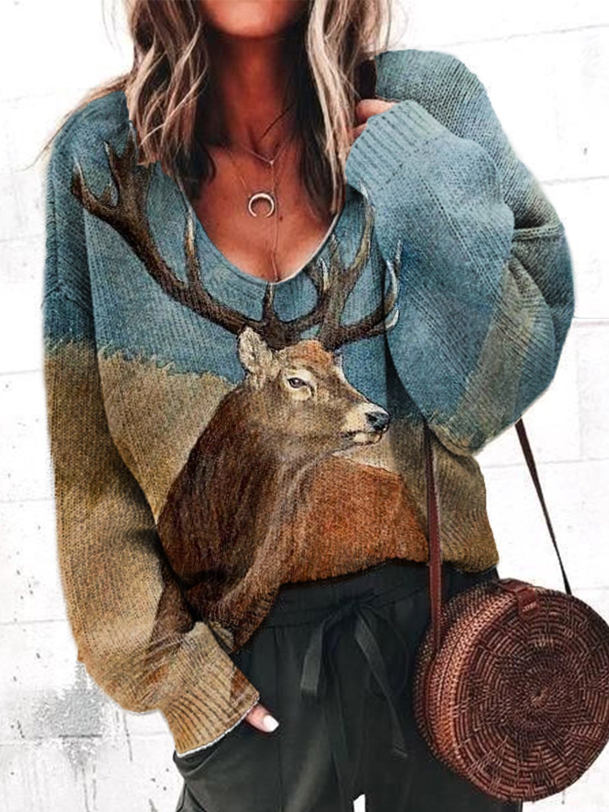 V Neck Long Sleeve Casual Animal Shirts & Tops