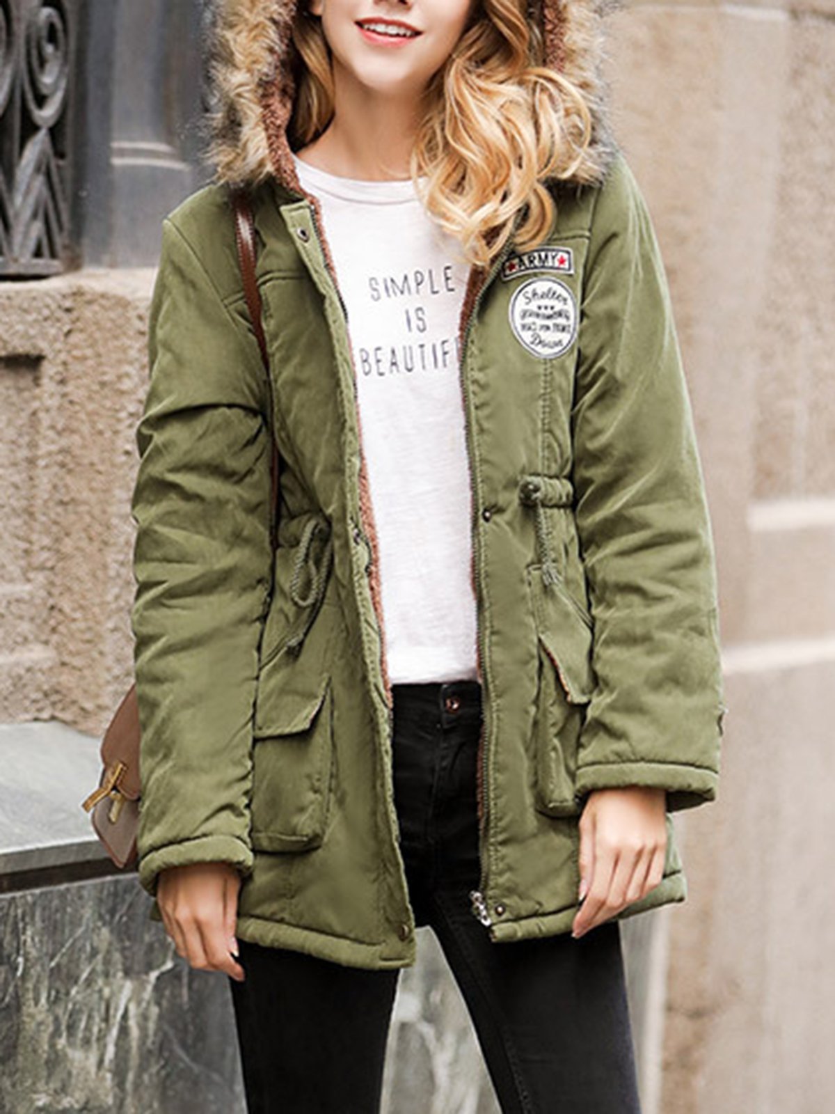 Khaki Solid Pockets Hoodie Casual Quilted Coat