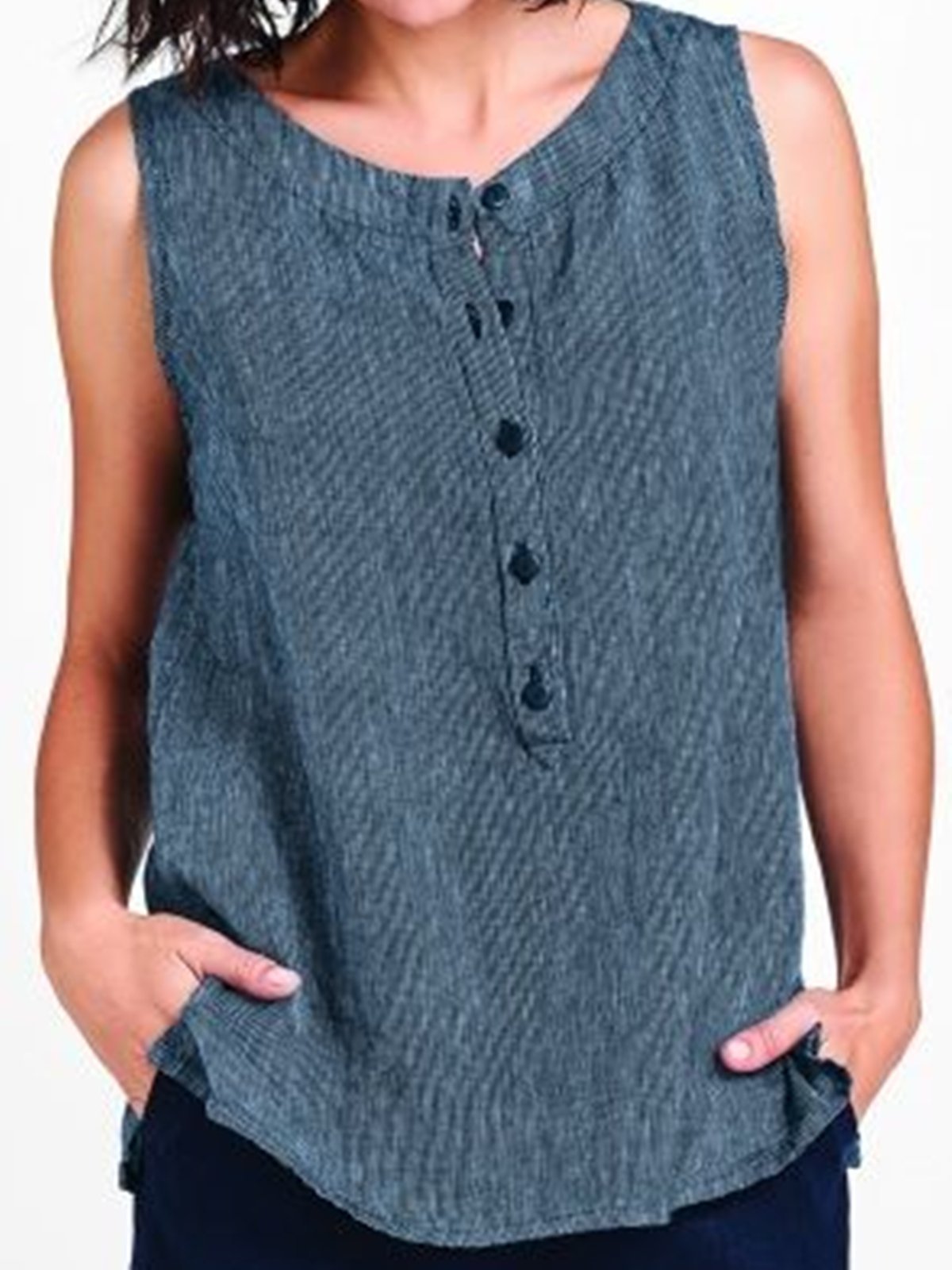 Blue Crew Neck Casual Linen Shirts & Tops