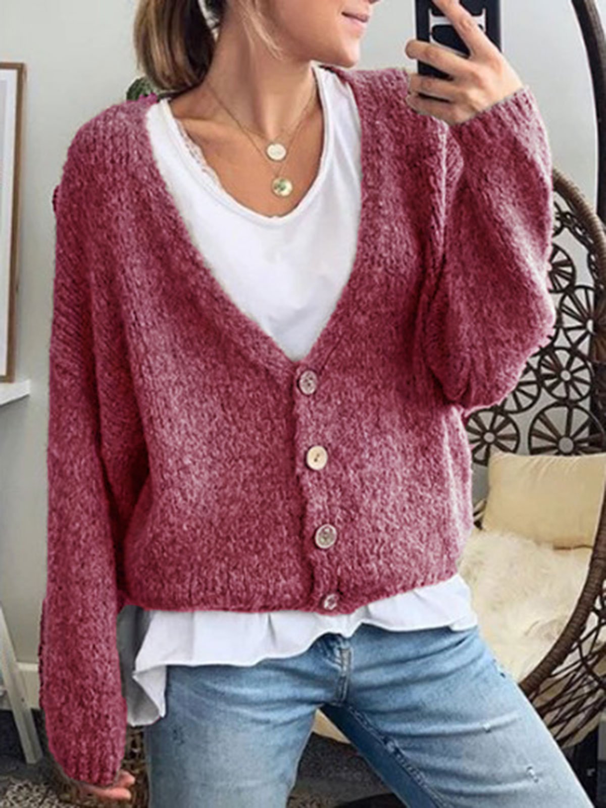 Cotton-Blend Long Sleeve Plain V Neck Outerwear