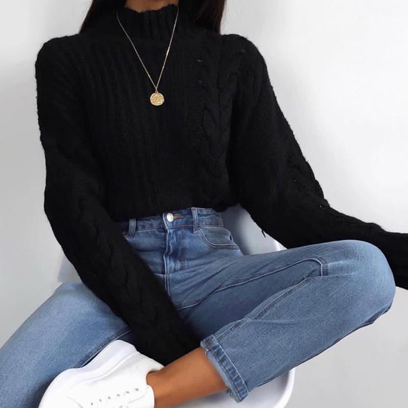 Casual High Collar Black Twist Loose Knit Sweater