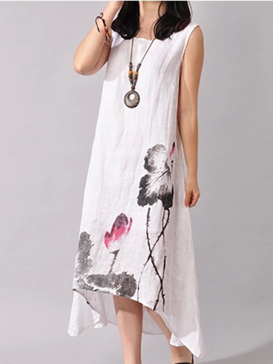 High-Low Round Neck Printed Maxi Dress