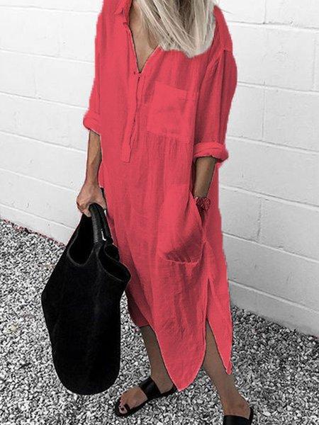 V Neck Casual Long Sleeve Cotton-Blend Dresses