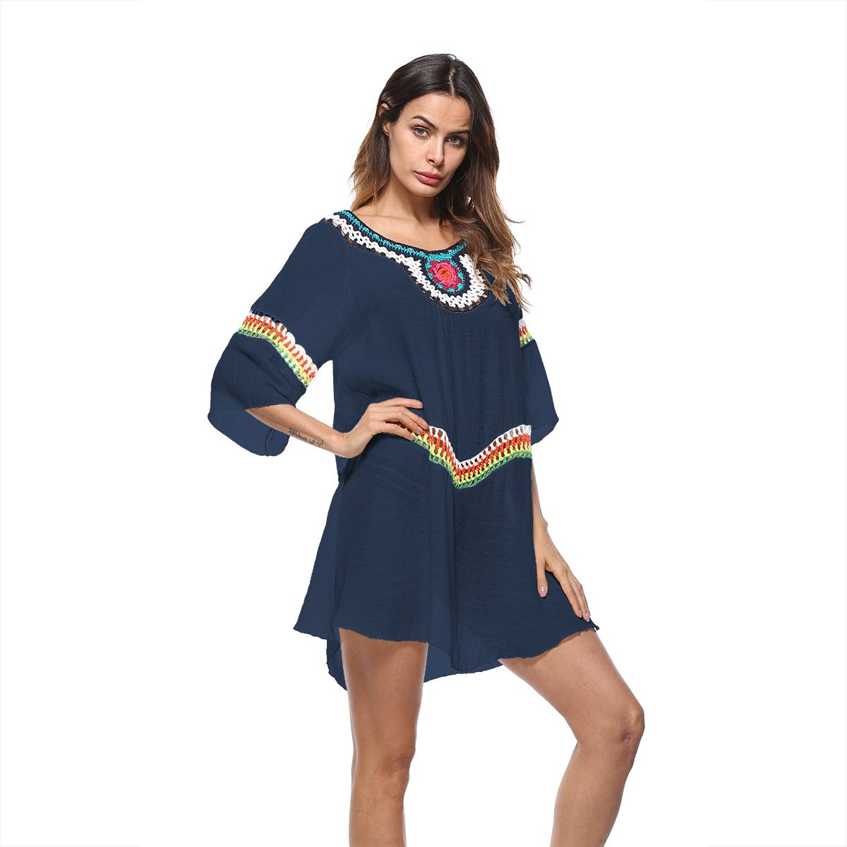 Loose Casual Beach Hollow Out White O Neck Boho Mini Dresses