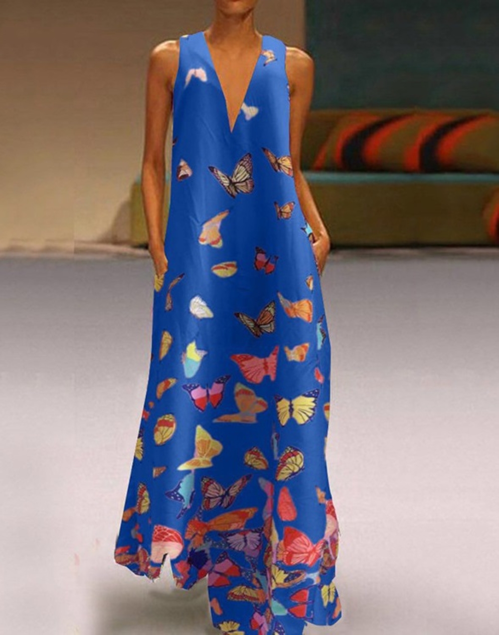 Butterfly Print Sleeveless Long Boho Dress