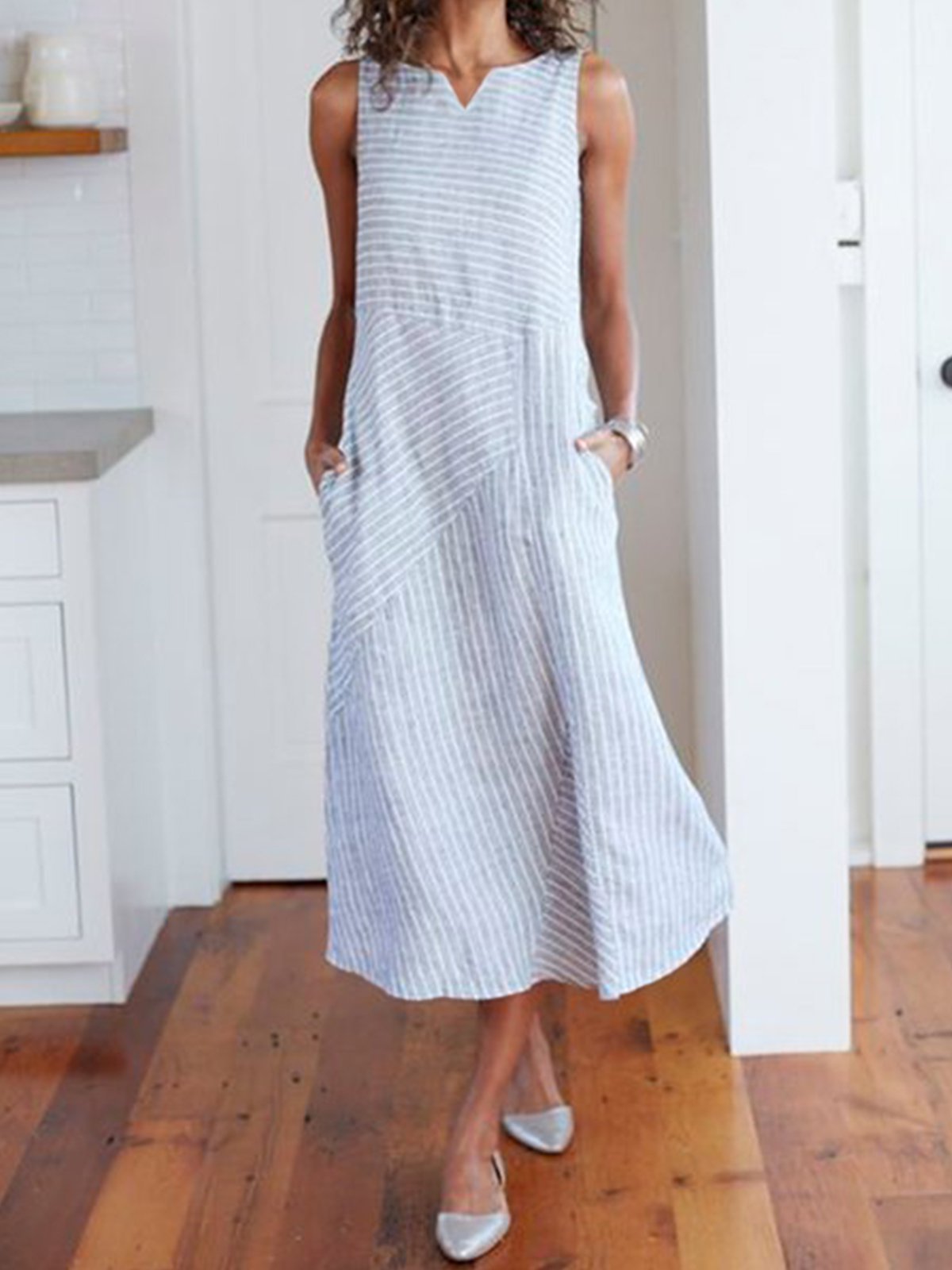 V Neck Striped Holiday Cotton Dresses