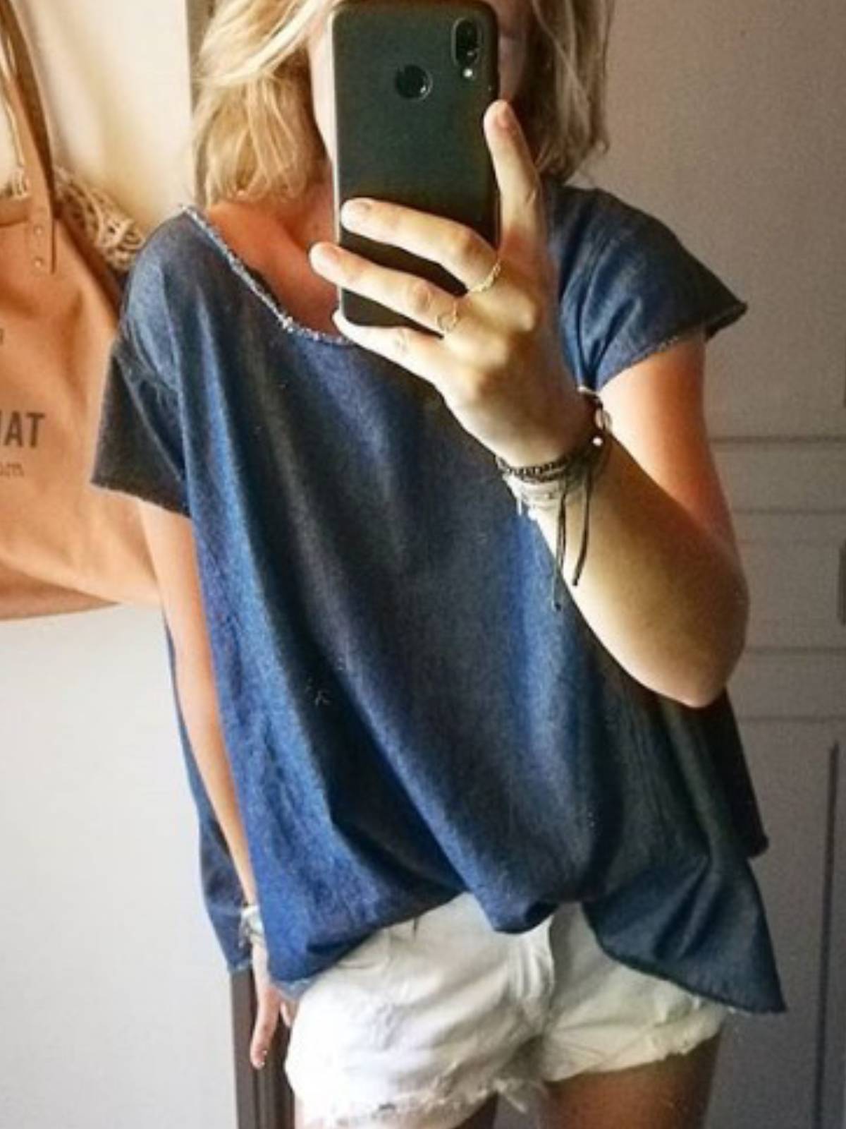 Blue Crew Neck Short Sleeve Cotton-Blend Shirts & Tops