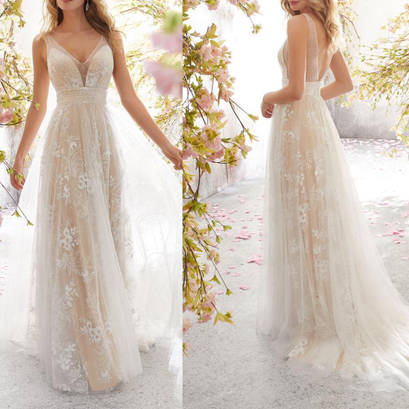 Wedding dress Dress Sexy B-neck sleeveless Lace Wedding dress Long skirt