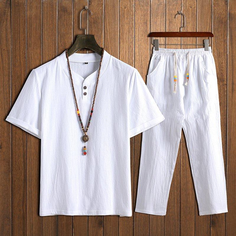 Men's Chinese Style Sets Two Buckle Short-sleeved T-shirt + Trousers Casual Two-piece