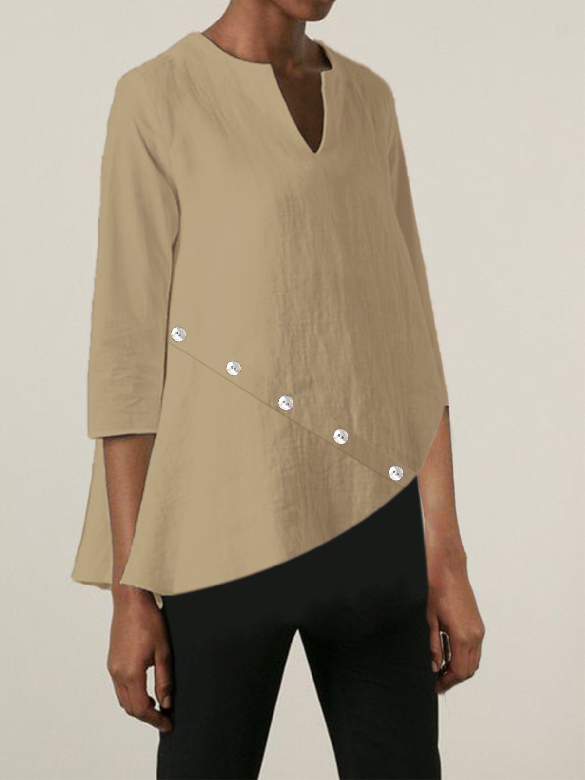 3/4 Sleeve V Neck Casual Solid Shirts & Tops