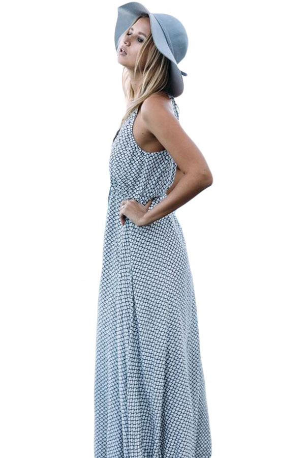 Black Twine Print Sexy V Neck Maxi Dress