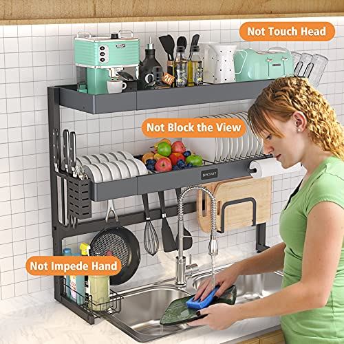 SINOART Over The Sink Dish Drying Rack-Adjustable 2-Tier Large Dish Dryer Rack