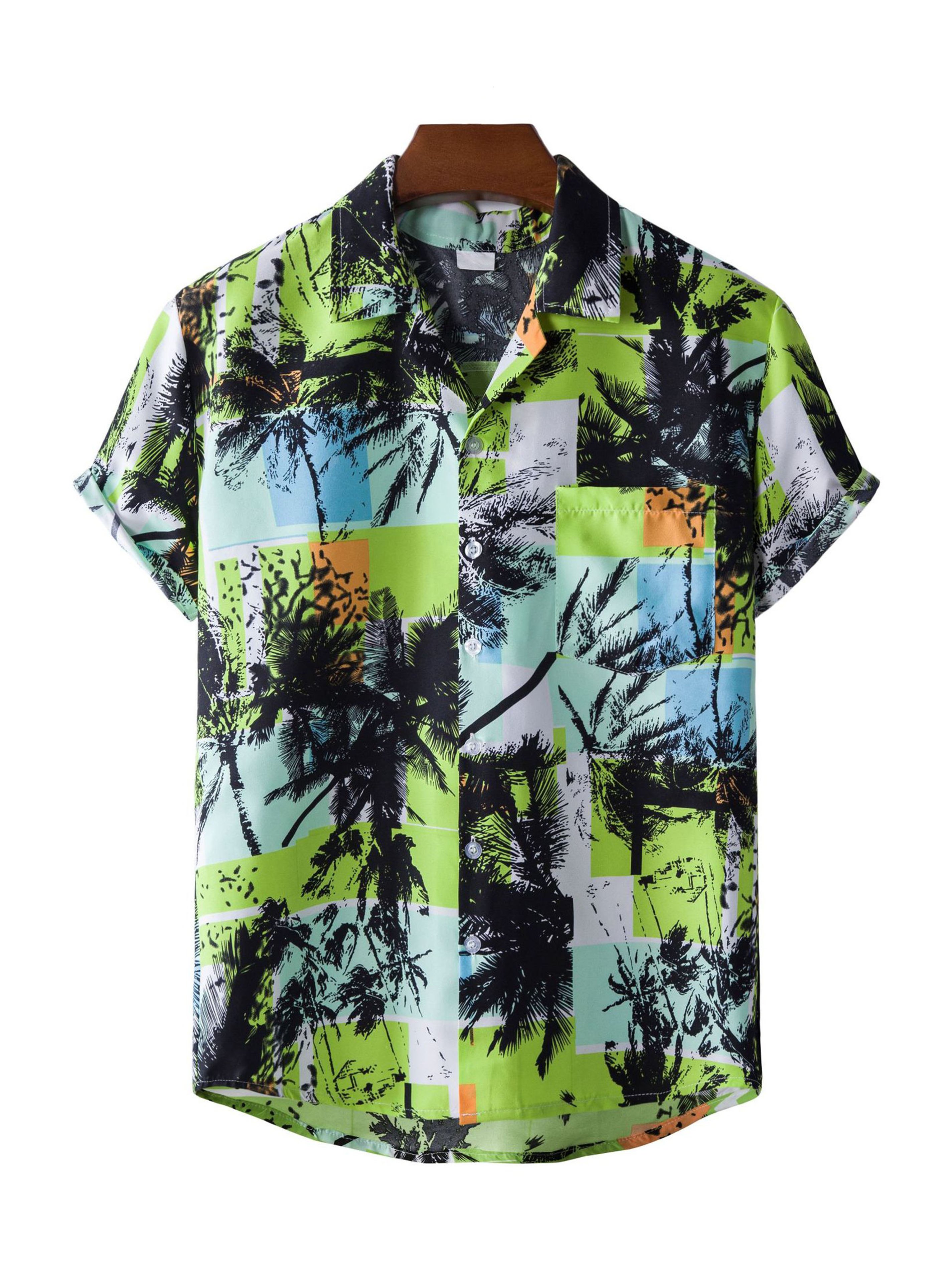 Men's Palm Tree Print Button Short Sleeve Shirt