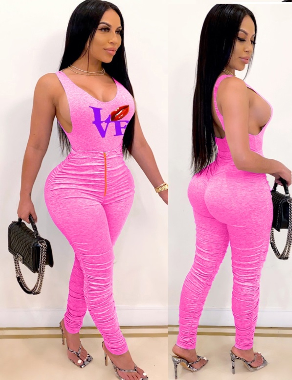 Sexy Lips Print Two Piece Stacked Pants Set