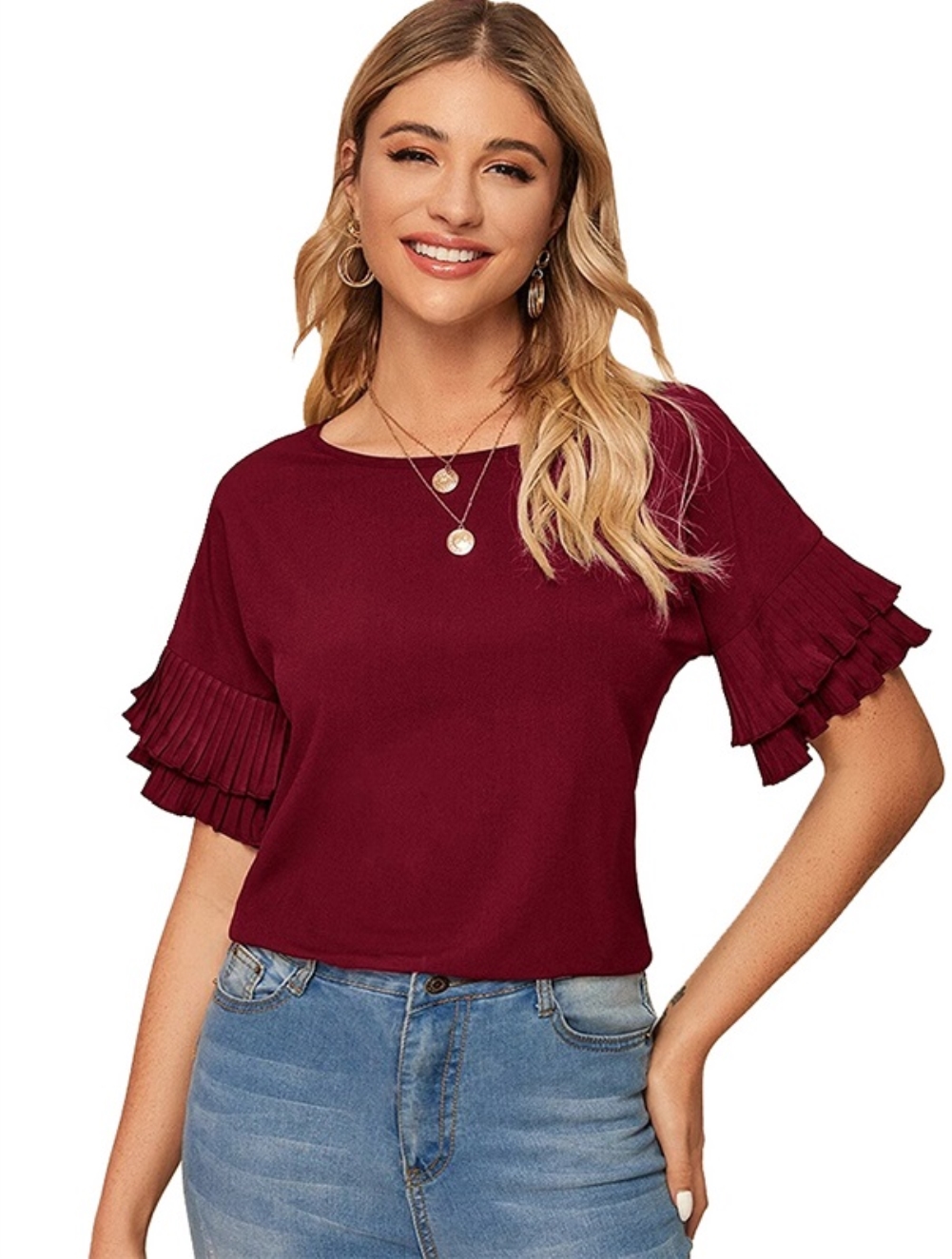 Summer O-Neck Short Shirt with Ruffle Sleeves