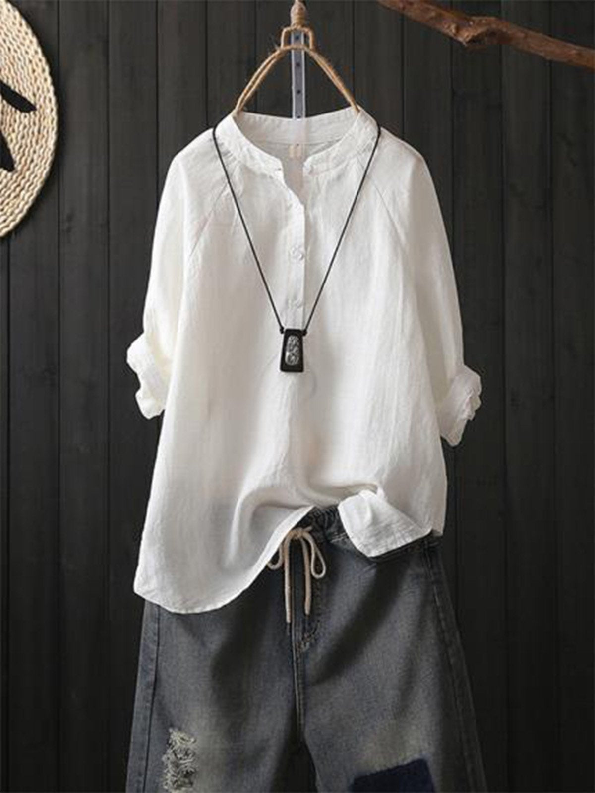 Solid Casual Shirt Collar Vintage Long Sleeve Shirts