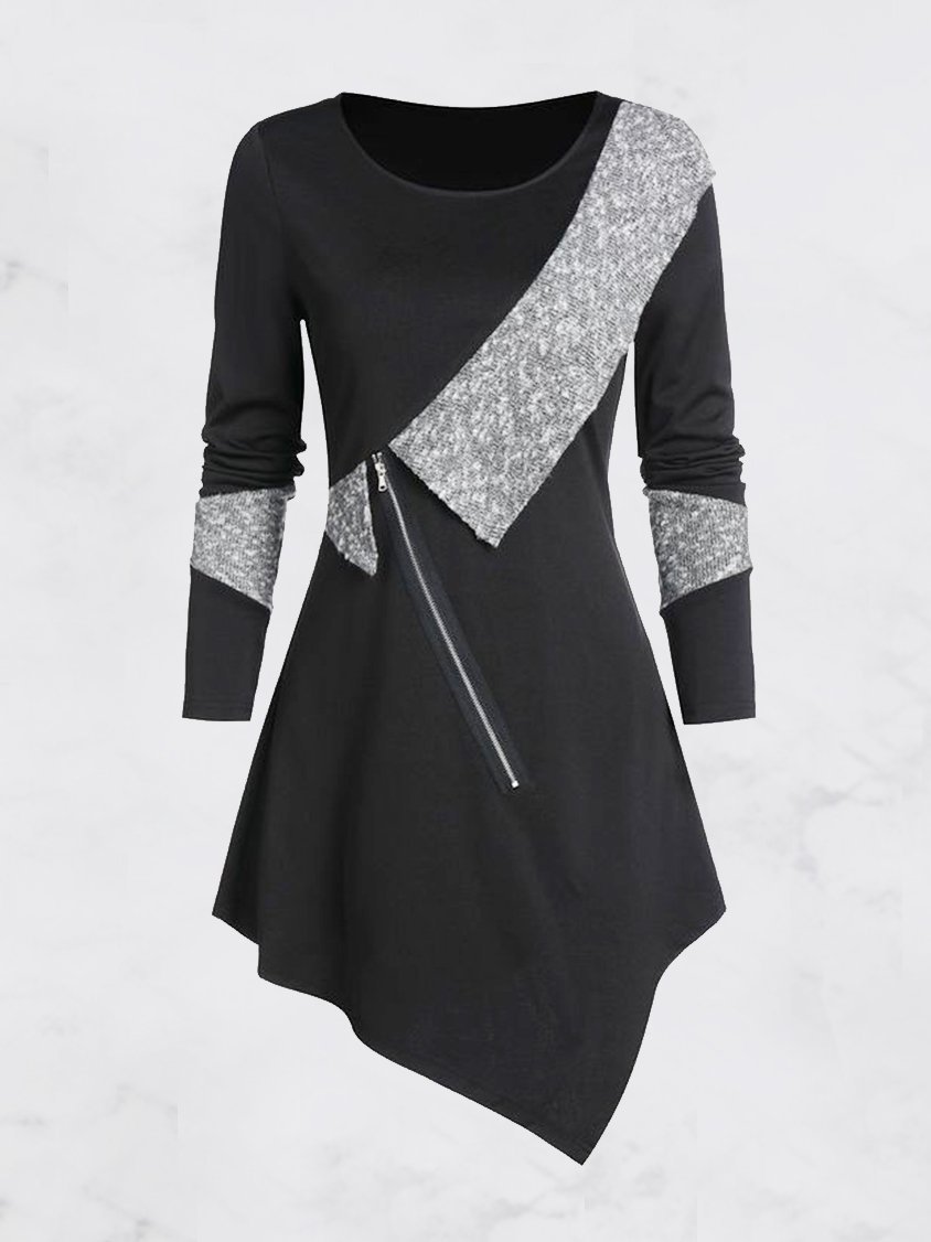Black Paneled A-Line Crew Neck Long Sleeve Dresses