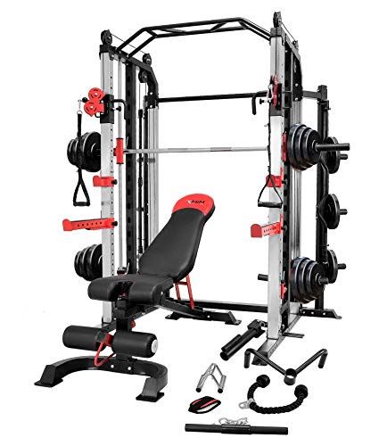 MiM USA Full Gym Set of Functional Trainer Smith Machine Power Cage & Adjustable Weight Bench W/Preacher Curl- Black & Silver
