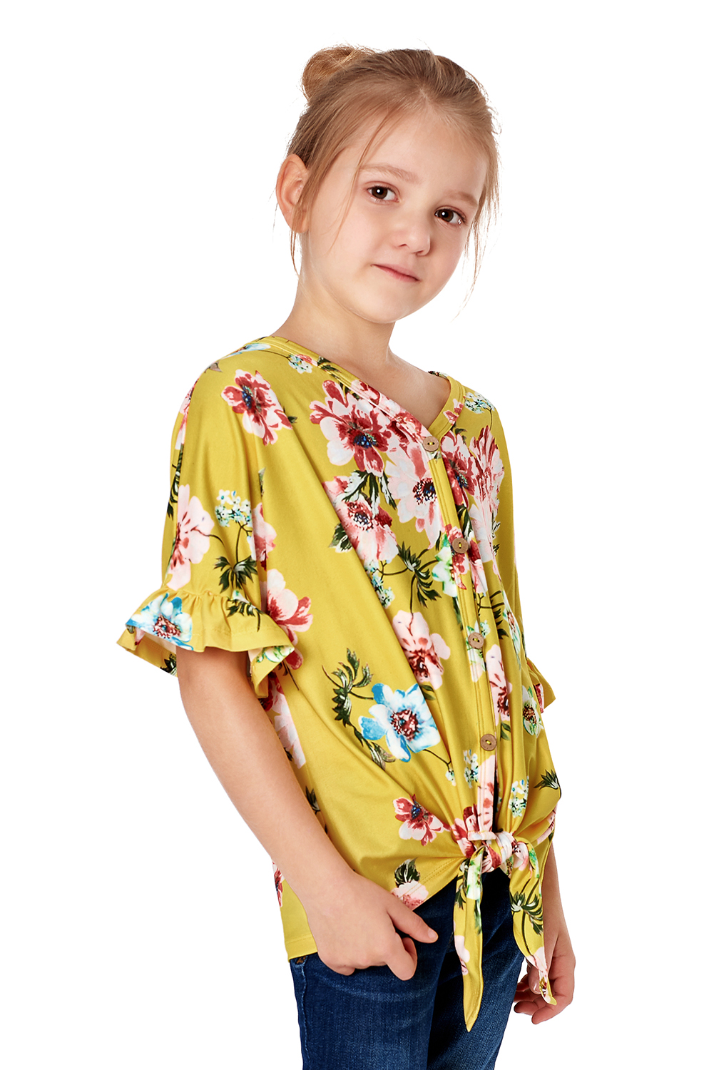 Yellow Floral Print Button Up Toddler Tunic