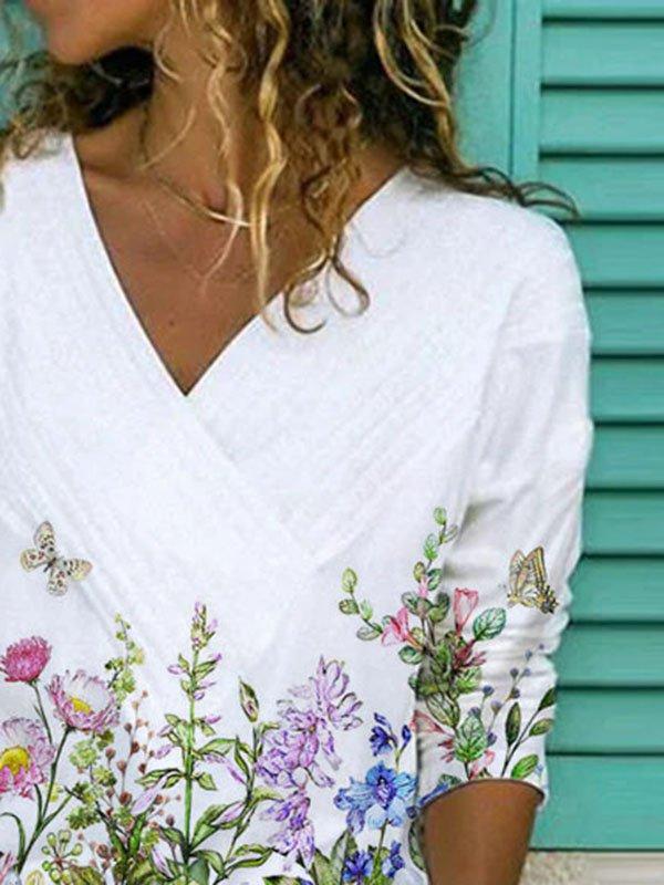 Casual Cotton-Blend Floral-Print Long Sleeve Shirts & Tops