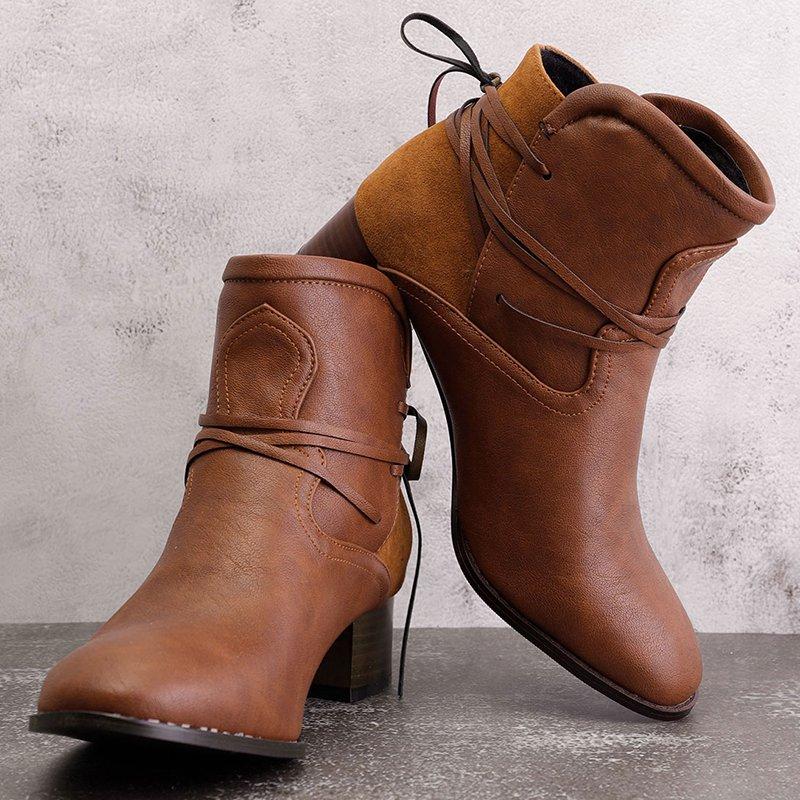 Vintage Low Heel Ankle Boots Plus Size PU Casual Back-lace Boots