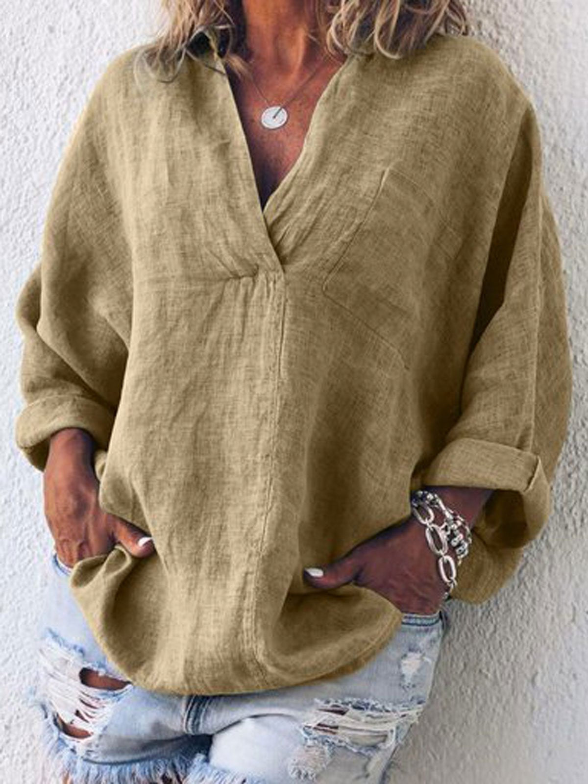 Women V Neck Thin Summer Linen Plus Size Casual Long Sleeve Solid Tops