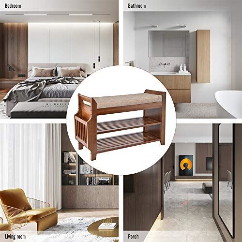 Bamboo Shoe Rack Bench with Removable Cushion Hidden Drawer and Umbrella Stand