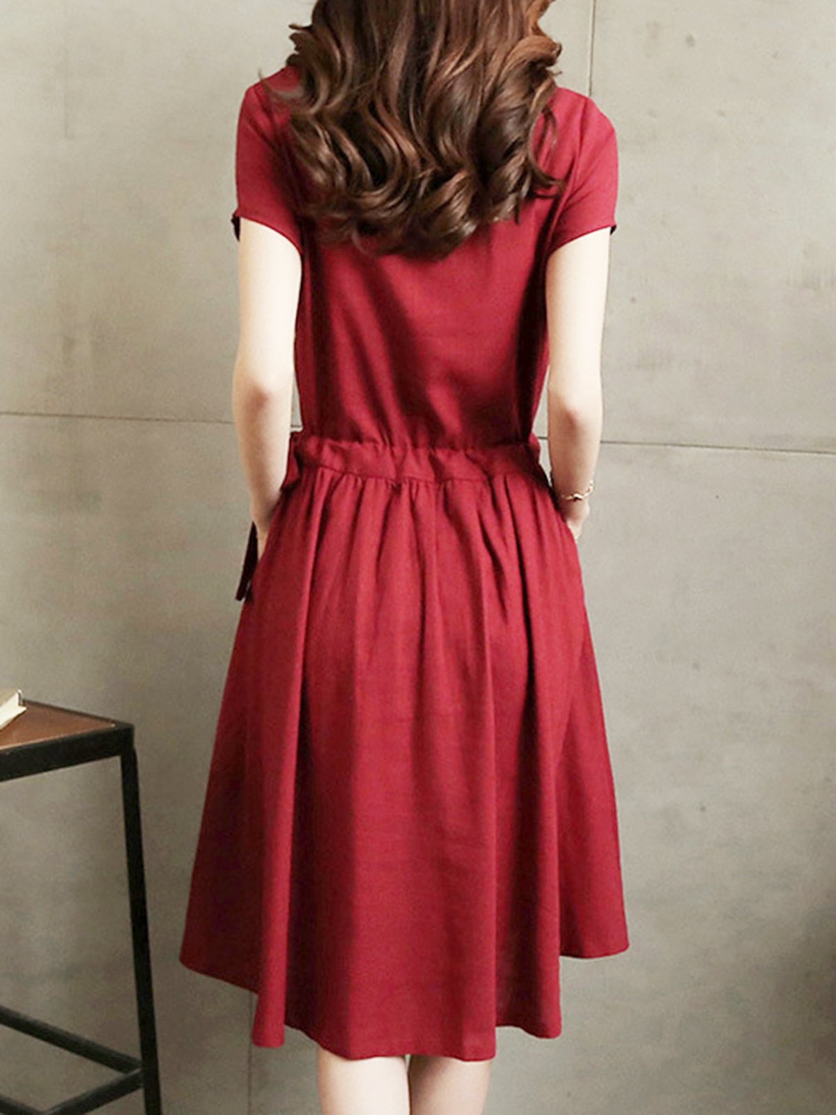 Burgundy Short Sleeve Solid A-line Casual Dress
