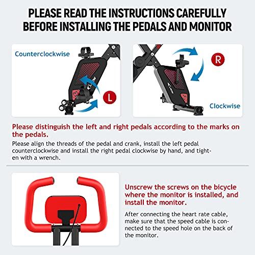 Pooboo Foldable Exercise Bike with Arm Resistance Bands- Black & Red