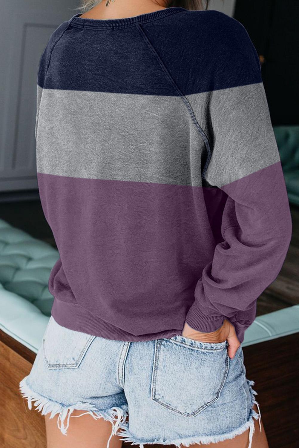 Purple Raglan Sleeve Color Block Pullover Sweatshirt