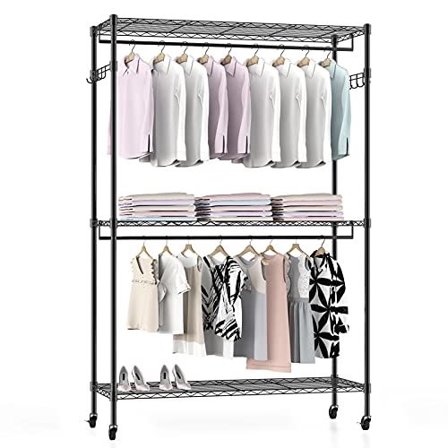 3 Tiers Garment Rack with Storage Shelves with Double Rods/ Lockable Wheels