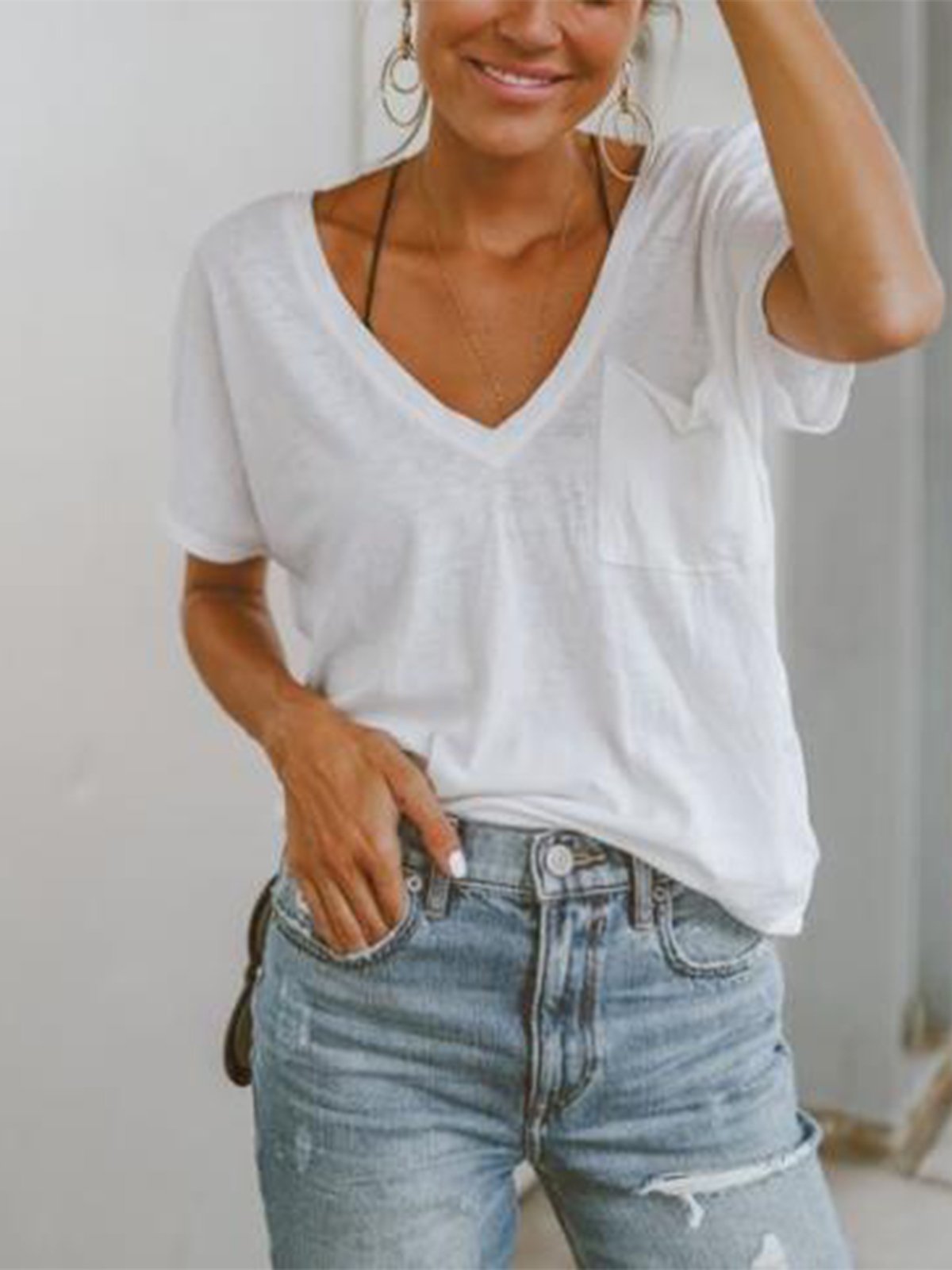 Casual Short Sleeve V neck Pockets Shirts