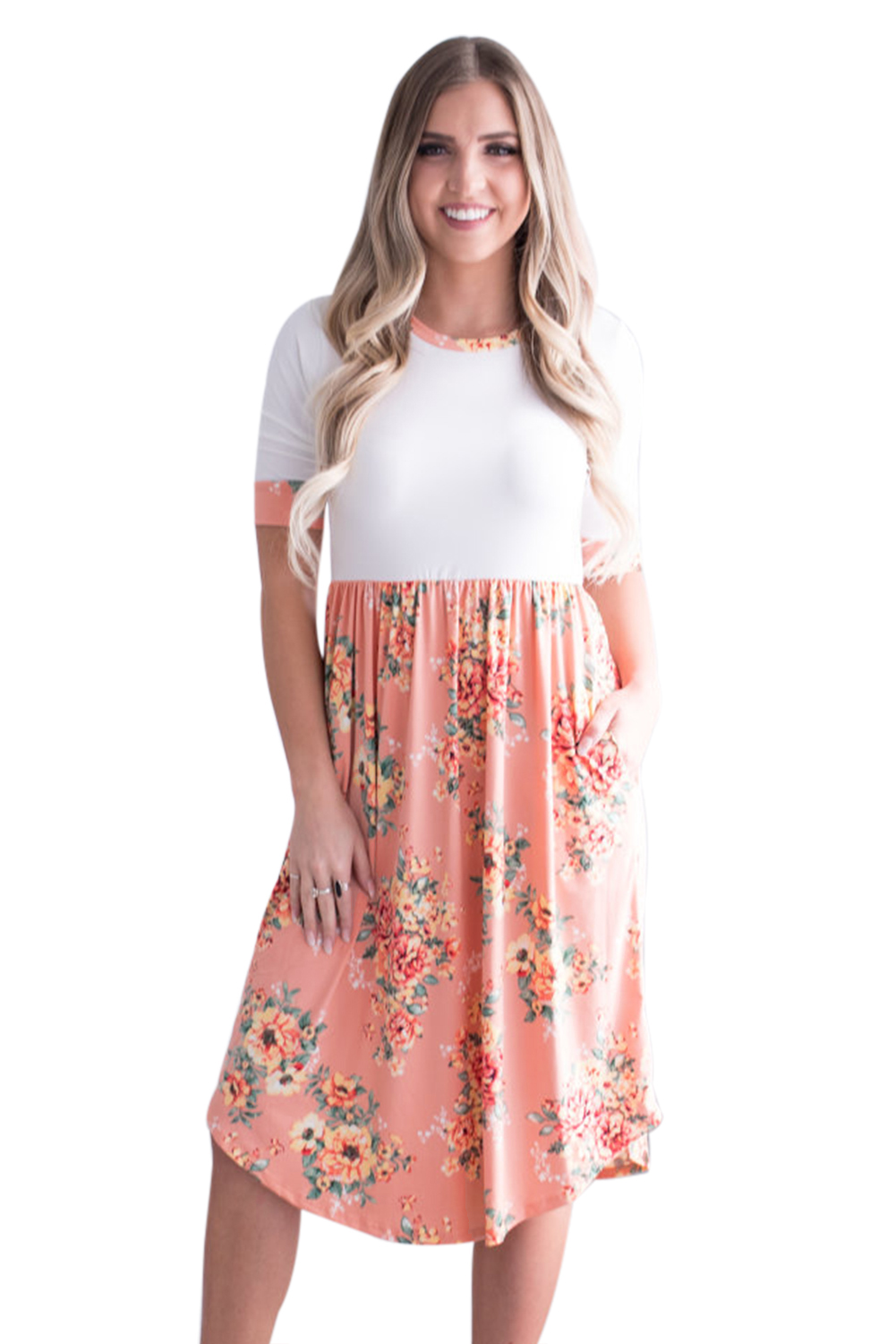 Peach Floral Skirt & T-shirt Midi Dress