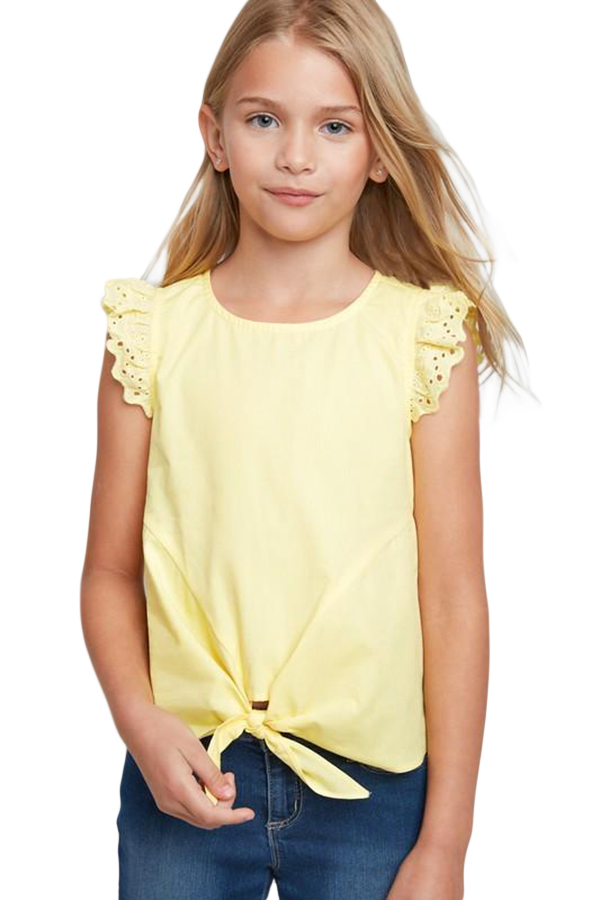 Yellow Eyelet Sleeve Tie-front Top