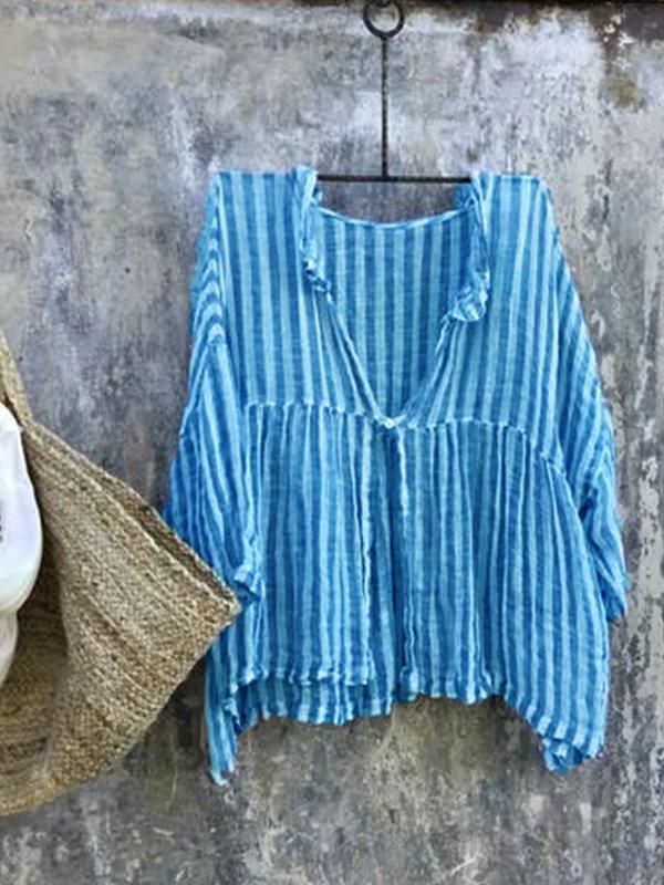 Casual 3/4 Sleeve Striped Shirts & Tops