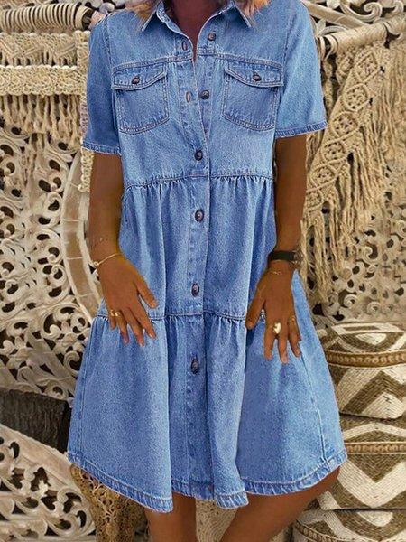 Denim Daily Casual Shirt Collar Short Sleeve Buttoned Pockets A-line Dresses