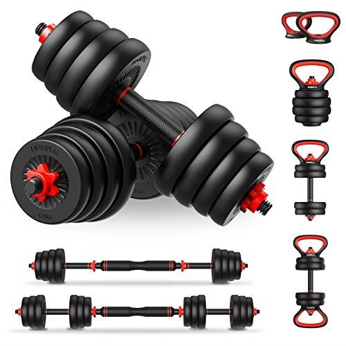 66lb PINROYAL 4 in 1 Adjustable Dumbbell Set with Connecting Rod Used as Barbell, Non-Slip Handles & Base for Kettlebells (66lbs)