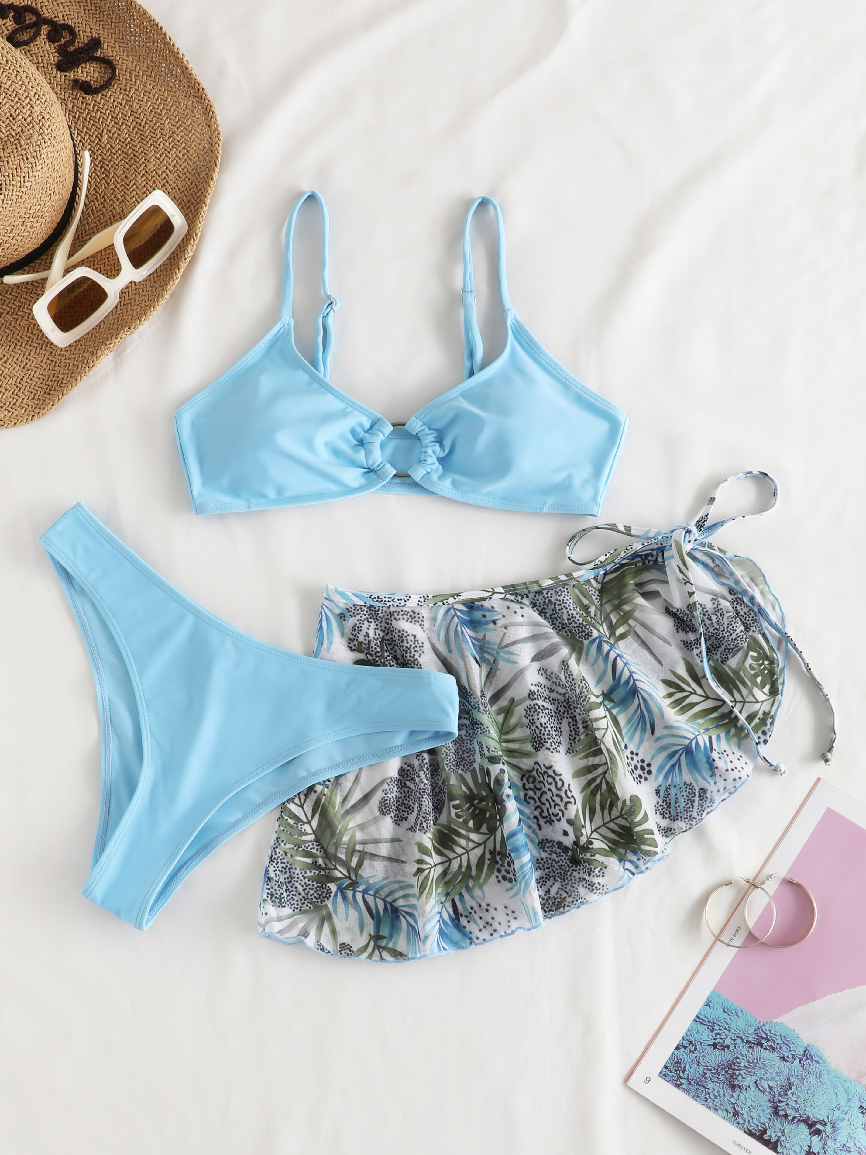 Leaf Print Skirt Three-Piece Bikini