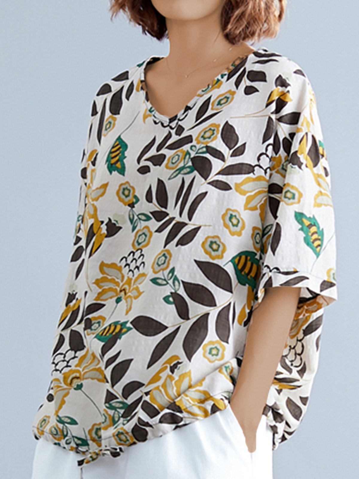 Plus Size Women Short Sleeve V Neck Vintage Leaf Floral Casual Tops