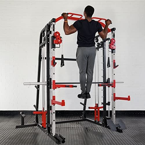 Mikolo Smith Machine, Multi-Functional Power Cage with LAT Pulldown System, Weight Cage Squat Rack with Weight Bar